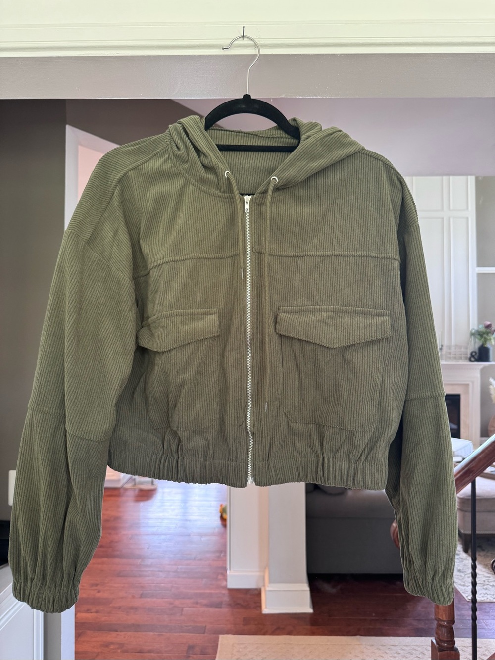 Dry Goods Olive Corduroy Hooded Zip Bomber Jacket - Women